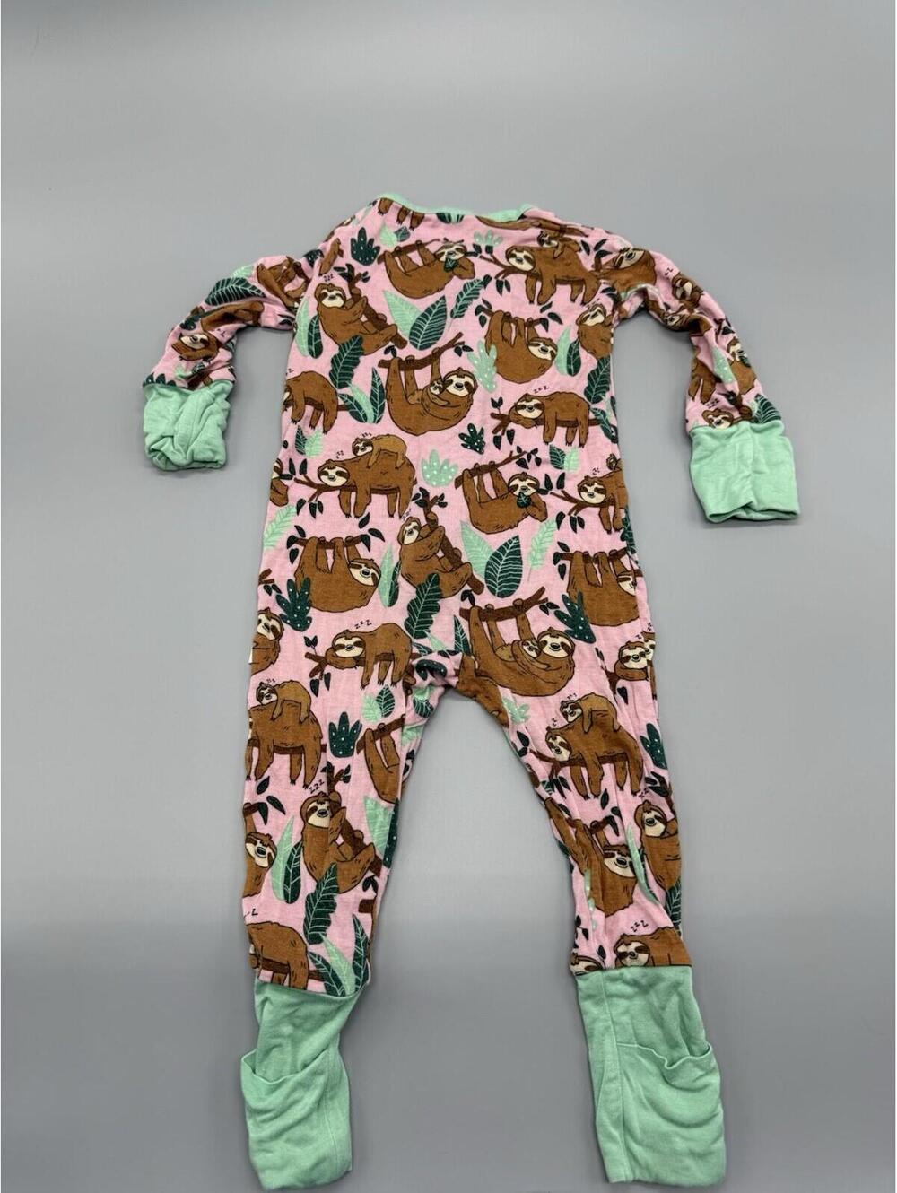 Little Sleepies Pink Green Sloth Animal Print 3-6 Months Zip One-Piece - Picture 2 of 9